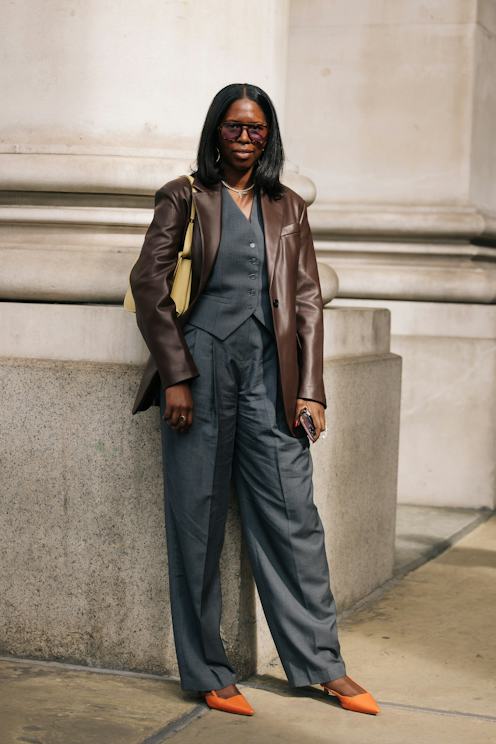 Grey Waistcoat and Relaxed Trousers with Leather Blazer for Smart Casual Grey Waistcoat and Relaxed Trousers with Leather Blazer for Smart Casual — London Outfits
