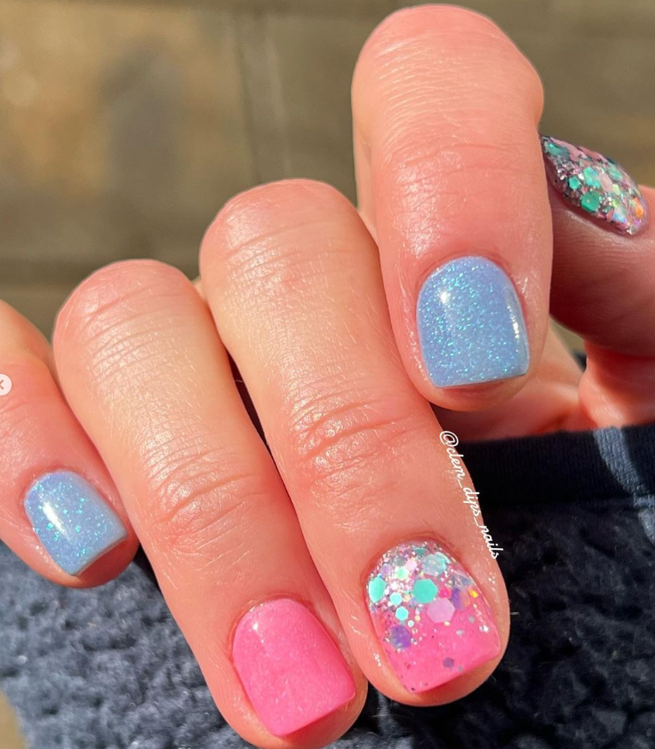 Pastel Blue and Pink with Iridescent Glitter Pastel Blue and Pink with Iridescent Glitter — Dip Powder Nails