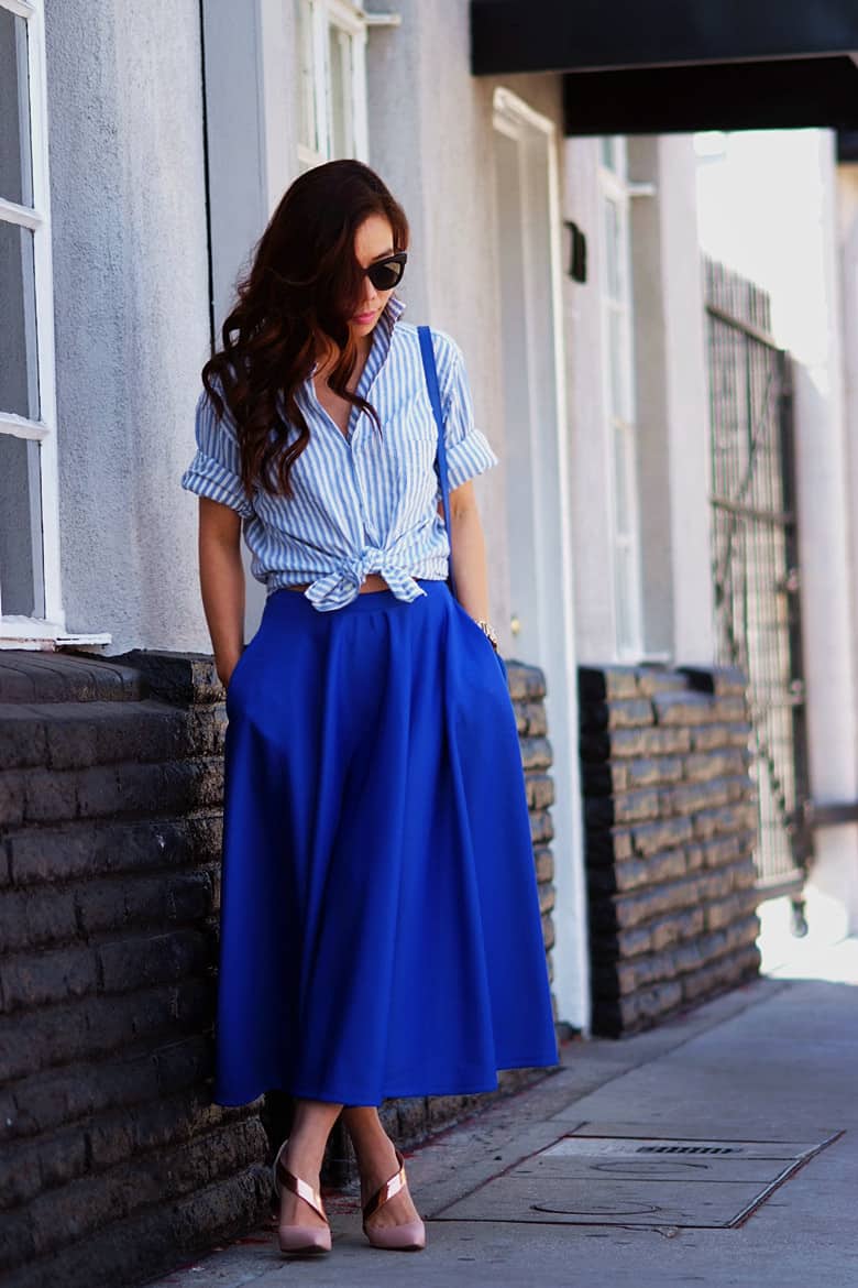 Playful Blue Midi Skirt with Striped Shirt Playful Blue Midi Skirt with Striped Shirt — Blue Outfits