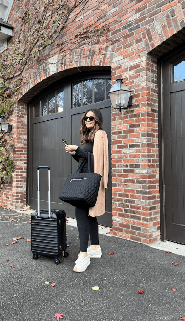 Black Knit Set with Quilted Tote for Polished Travel — Travel Outfits