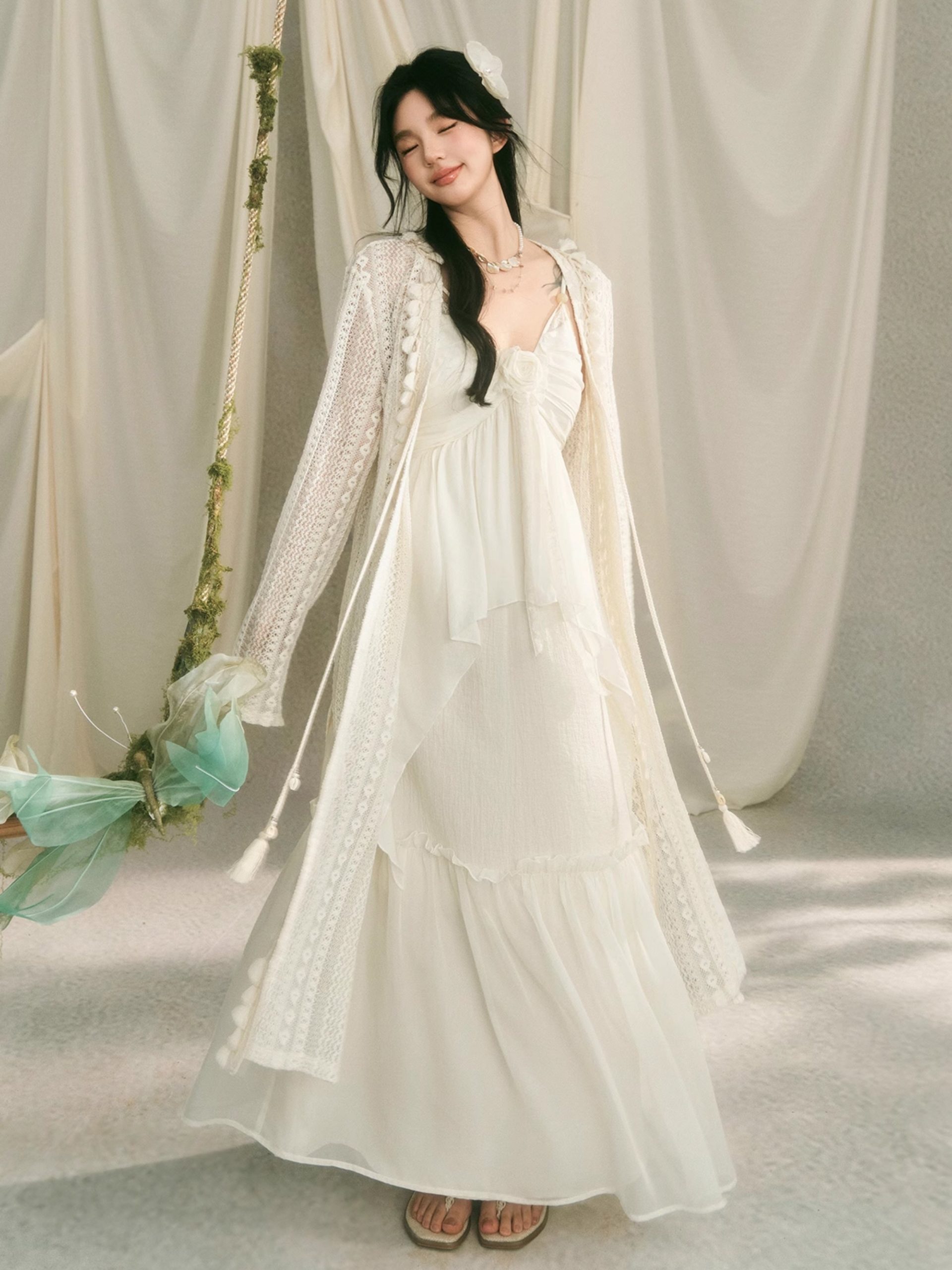 White Tiered Dress with Intricate Lace Cardigan — Fairycore Outfits