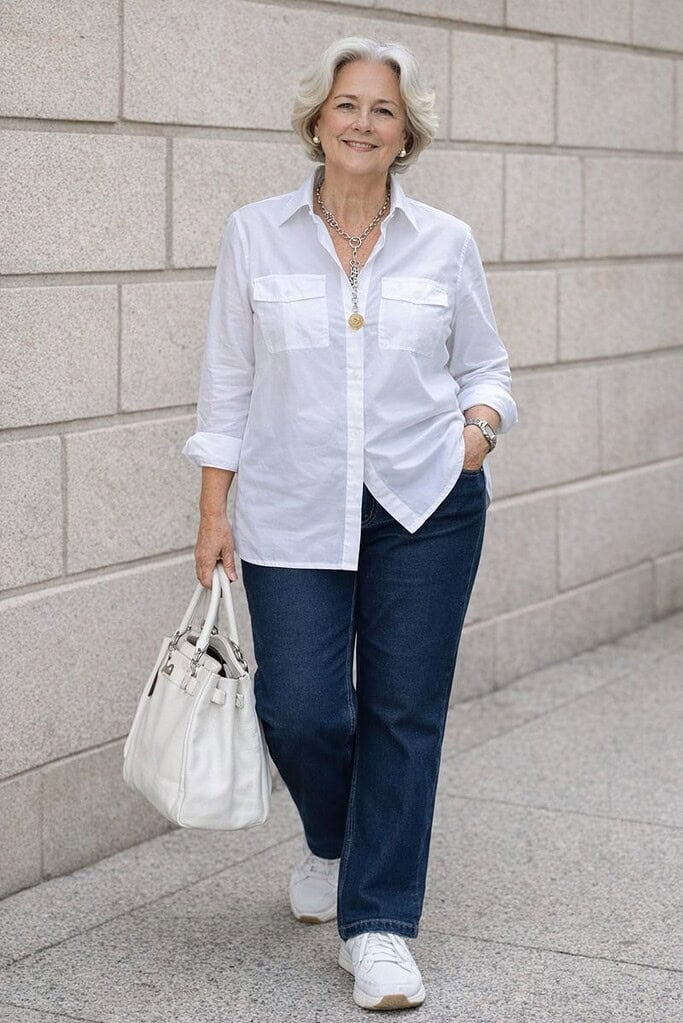 Clean Casual Look: White Button-Down with Straight-Leg Jeans Clean Casual Look: White Button-Down with Straight-Leg Jeans — Outfits for Women Over 60