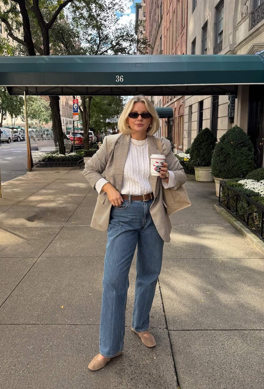Casual Chic: Plaid Blazer Over Knit Sweater and Jeans — New York Outfits