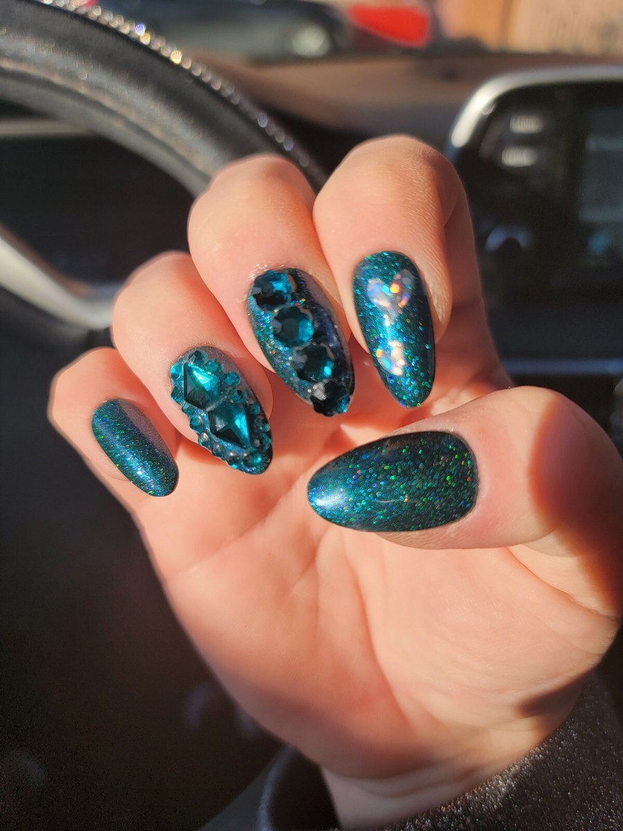 Teal Gem Accent Long Almond Nails — Teal Nails