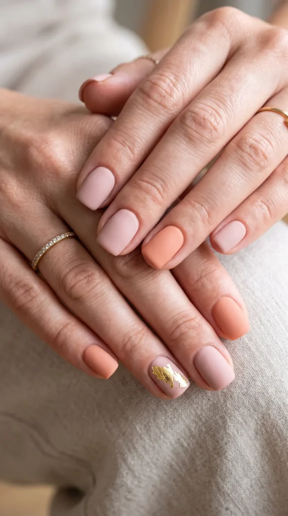 Matte Peach and Pink with Gold Foil — Peach Nails