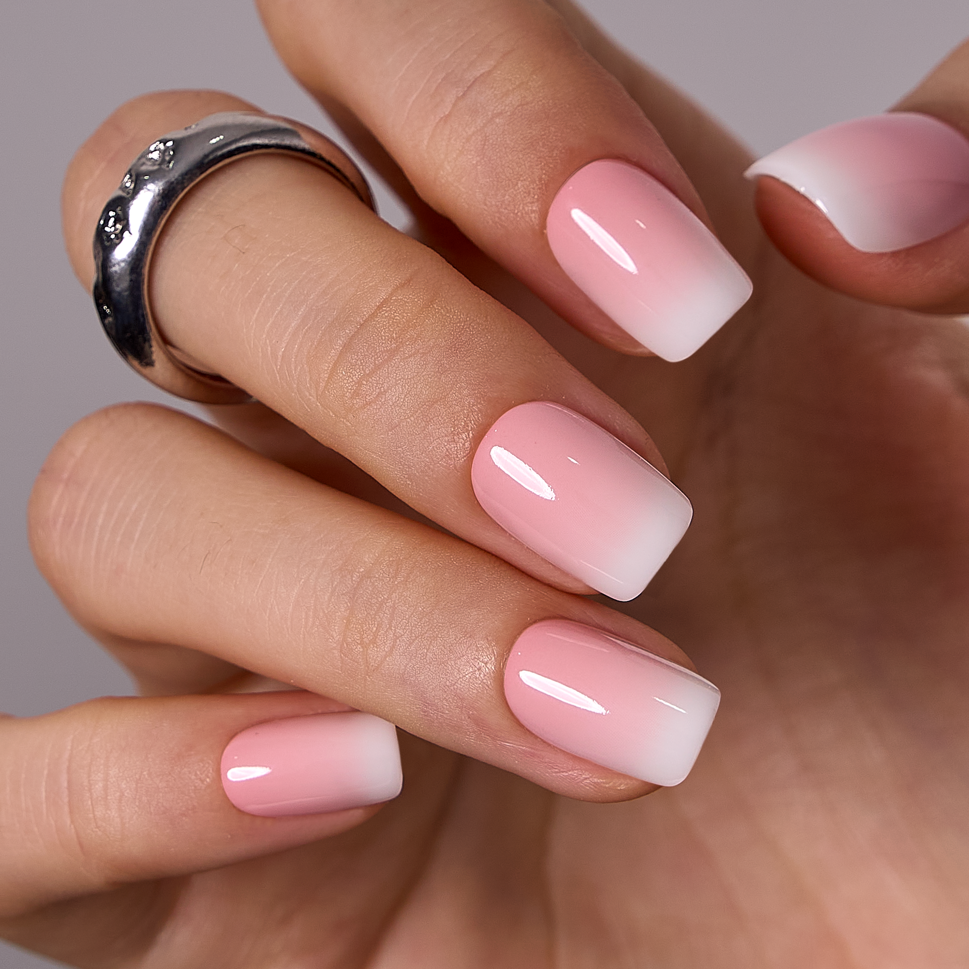 Soft Pink to White Ombre Squoval — Short Acrylic Nails