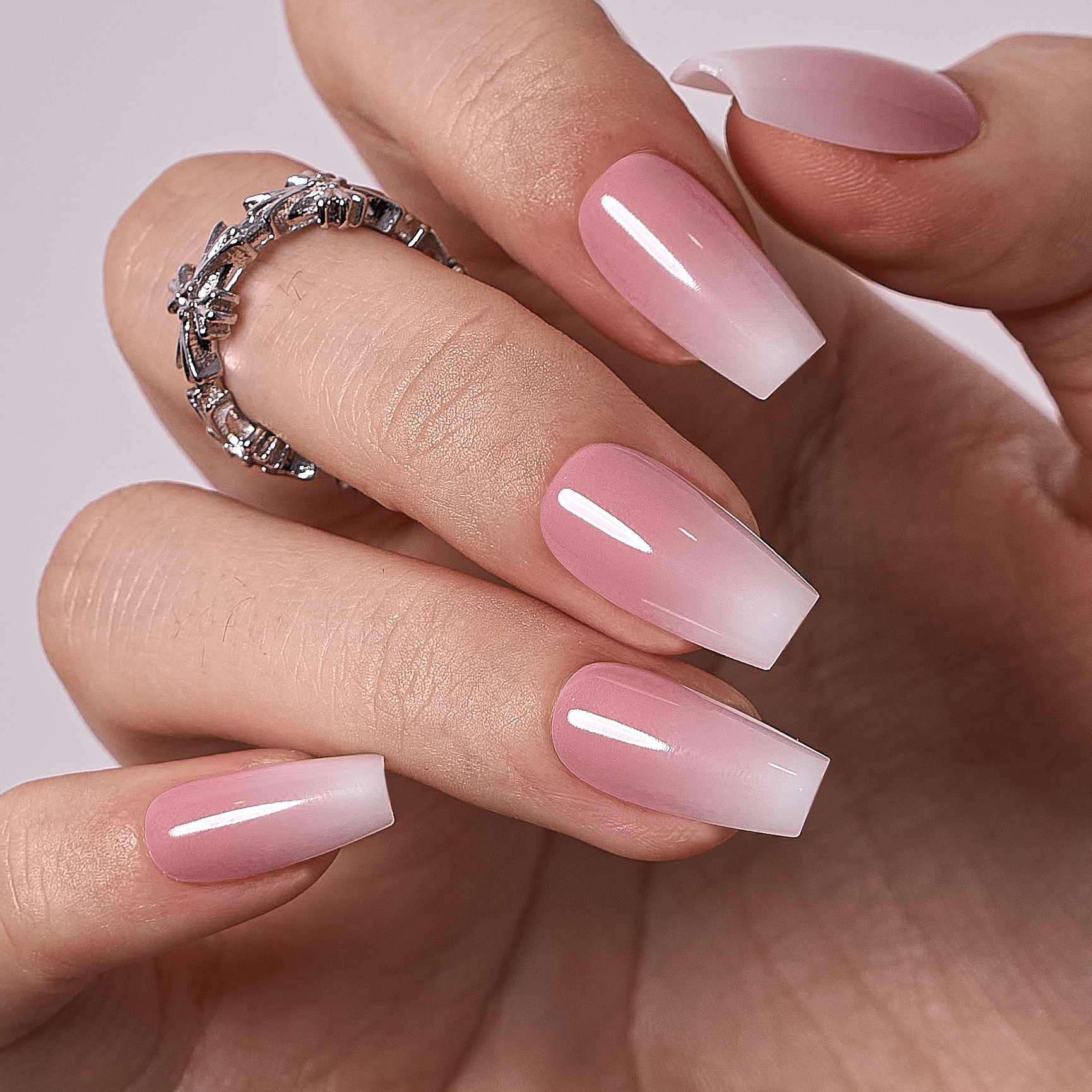 Pink to White Ombre Medium Coffin Nails