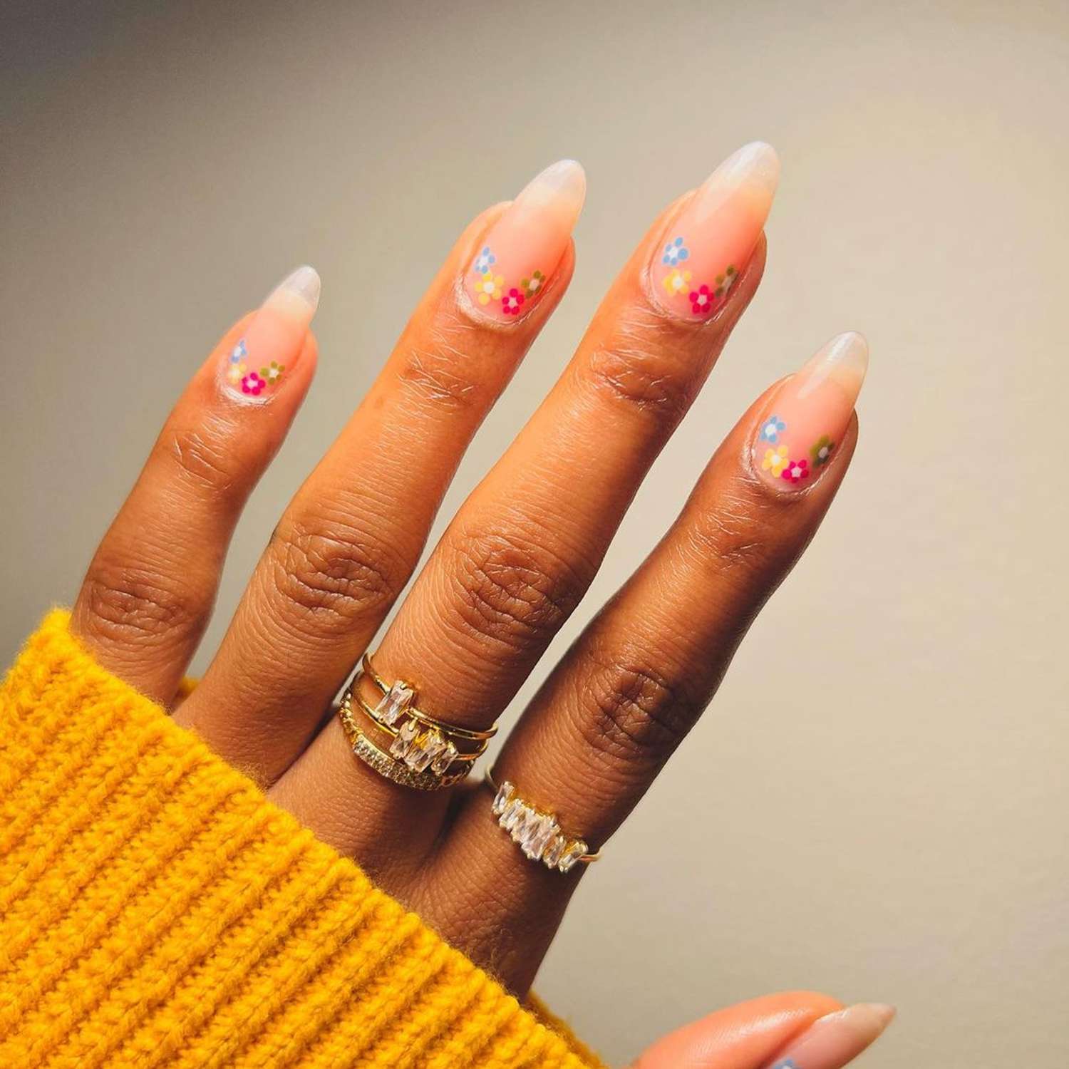Sheer Pink Floral Decal Almond — Reverse French Nails