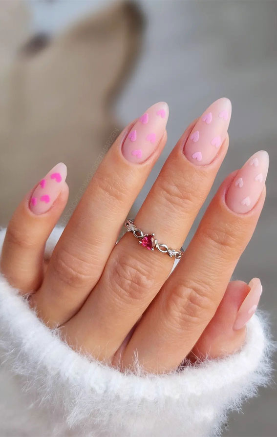 Medium Almond Matte Pink With Scattered Hearts Medium Almond Matte Pink With Scattered Hearts — Heart Nails