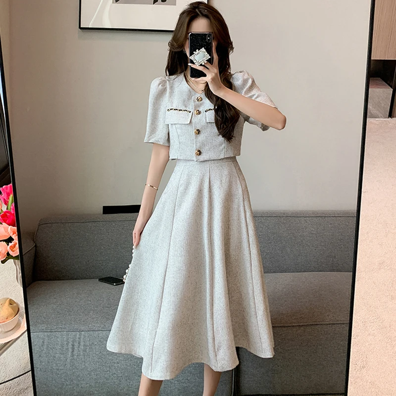 Light Grey Cropped Jacket and Flared Midi Skirt Set Light Grey Cropped Jacket and Flared Midi Skirt Set — Korean Outfits