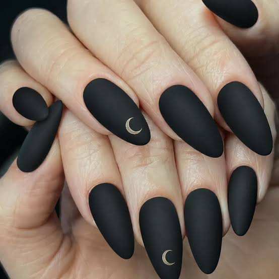 Matte Black with Gold Moon Charms — Matte Nails