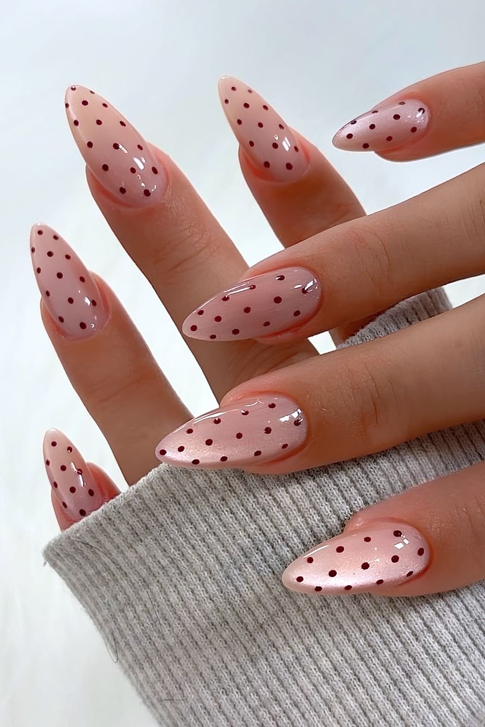 Long Stiletto Sheer Pink Dark Red Dots Long Stiletto Sheer Pink Dark Red Dots — Polka Dot Nails