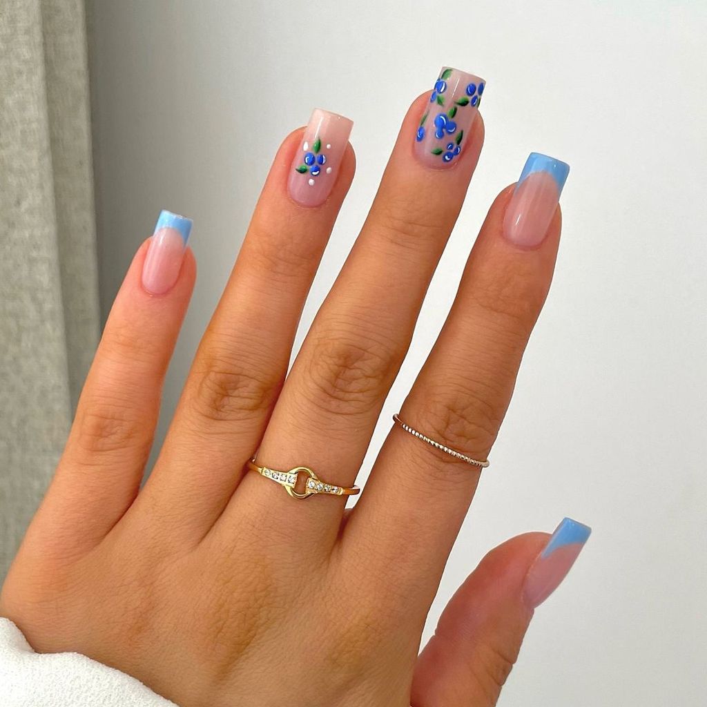 Long Square Blue Floral French — Square Nails