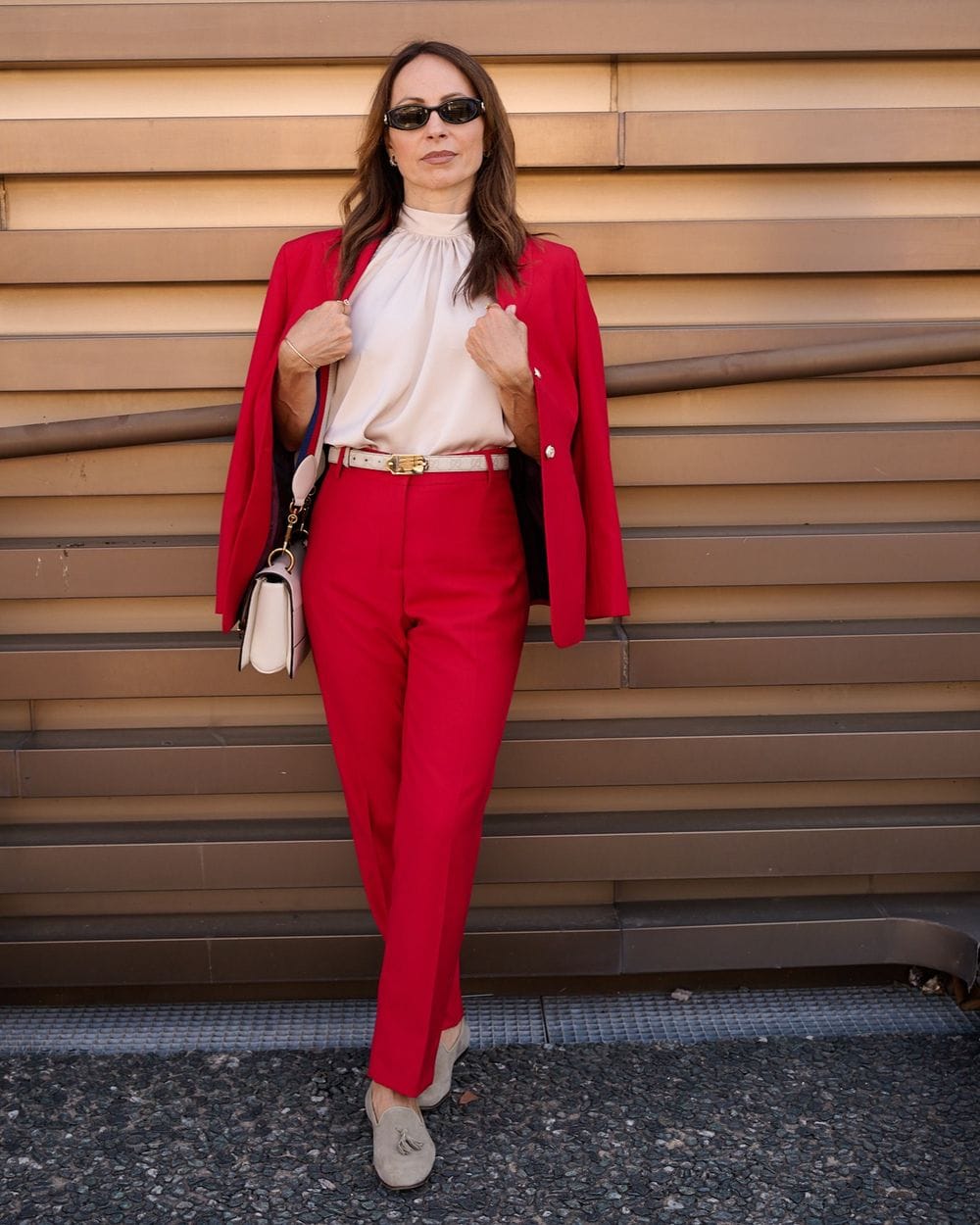Vibrant Red Tailored Suit with Cream High-Neck Blouse Vibrant Red Tailored Suit with Cream High-Neck Blouse — Going Out Outfits