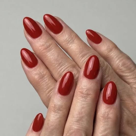 Deep Red Warm Undertone Glossy Nails — Nails for Women Over 60