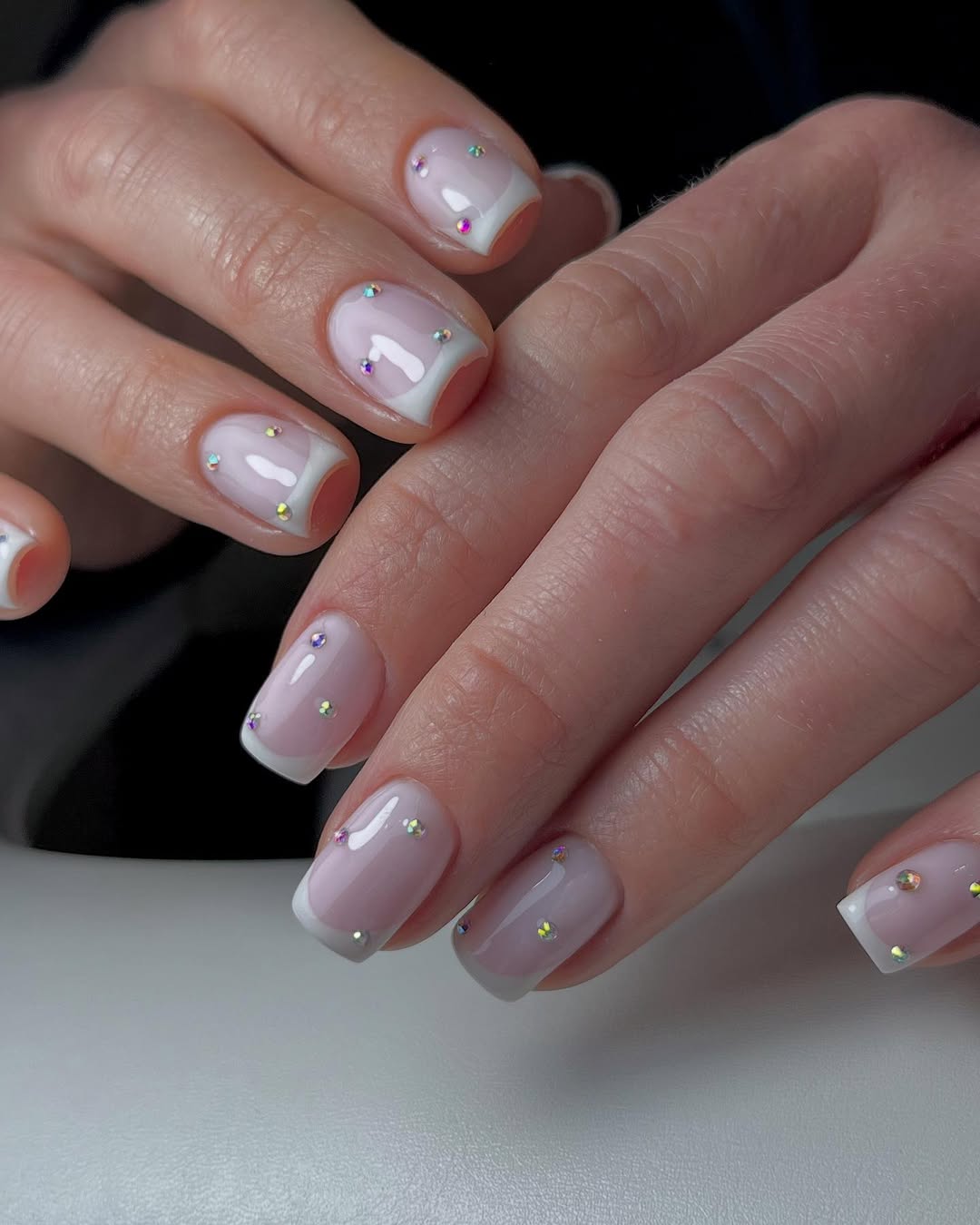 Sparkling Rhinestone French Tips Sparkling Rhinestone French Tips — Short French Tip Nails