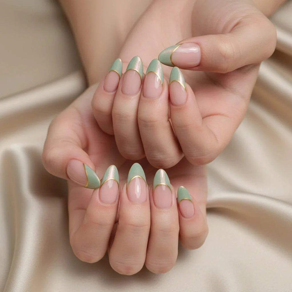 Pale Green Tips with Gold Lines Medium Almonds — Medium Almond Nails