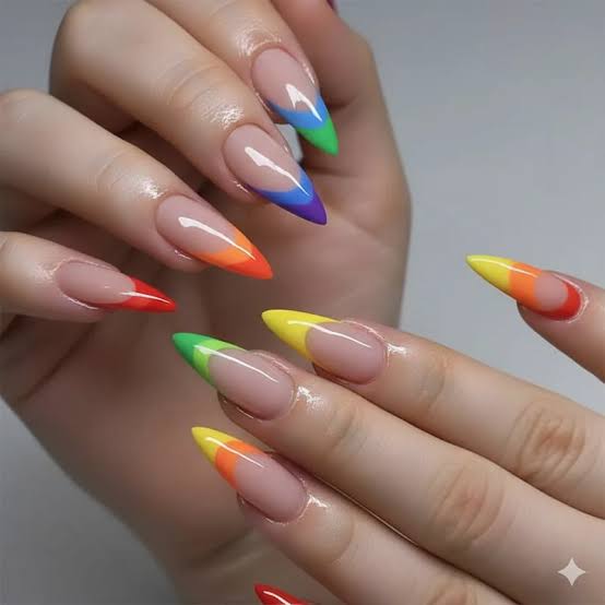 Rainbow Gradient Almond French Nails — Almond French Tip Nails