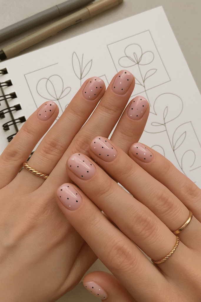 Short Oval Nude with Black Polka Dots Short Oval Nude with Black Polka Dots — Nude Nails