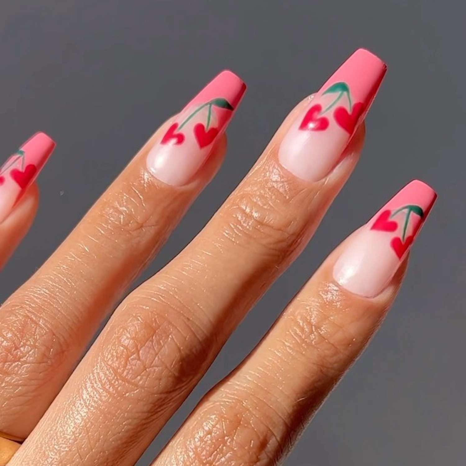 Long Coffin Pink French Tips With Cherries Long Coffin Pink French Tips With Cherries — Cherry Nails