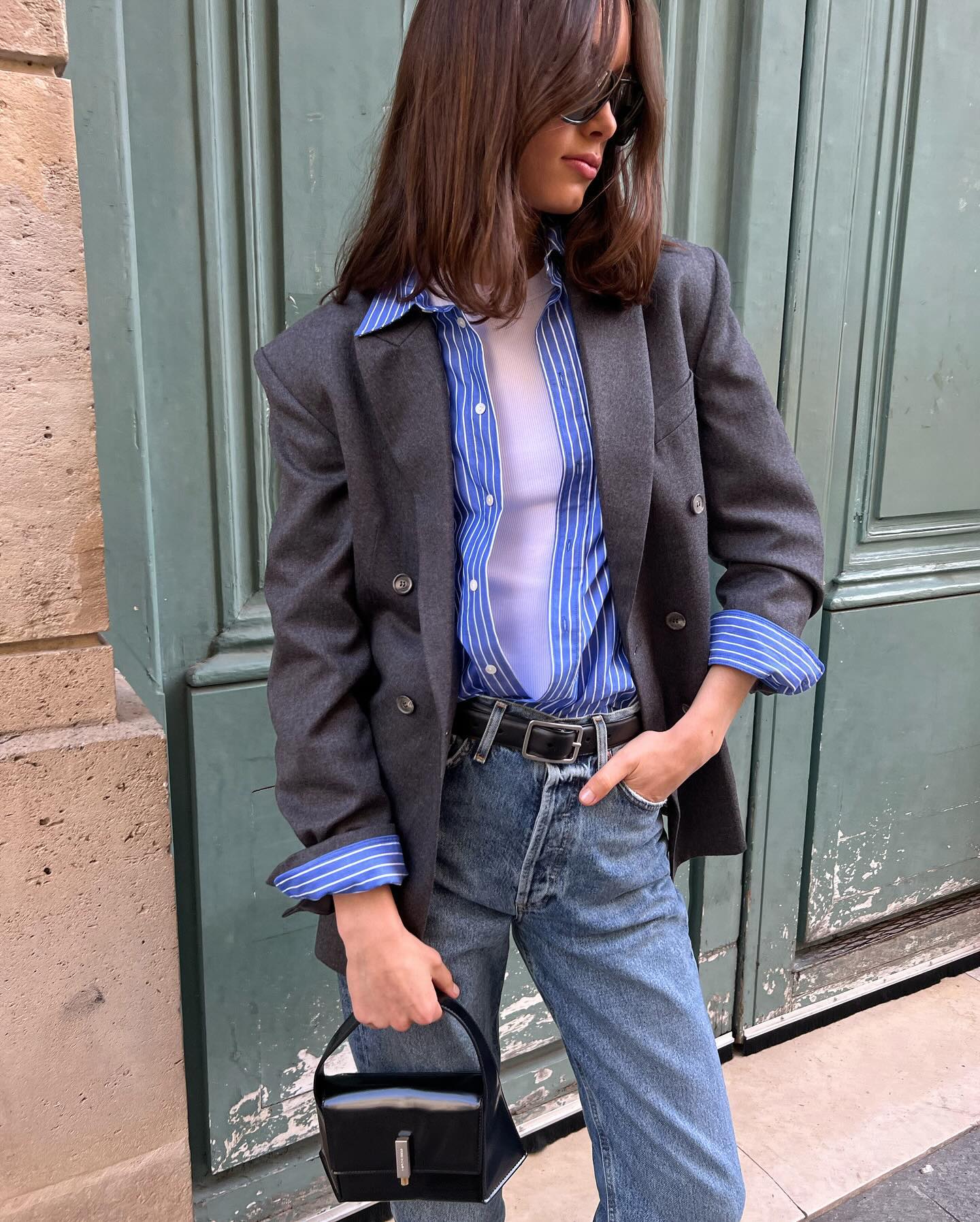 Blazer Over Striped Shirt and Sheer Top Blazer Over Striped Shirt and Sheer Top — Layering Outfits