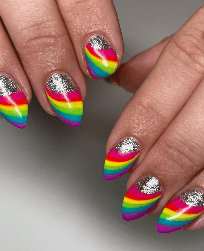 Vibrant Rainbow Stripe Pink Almonds — Rainbow Nails
