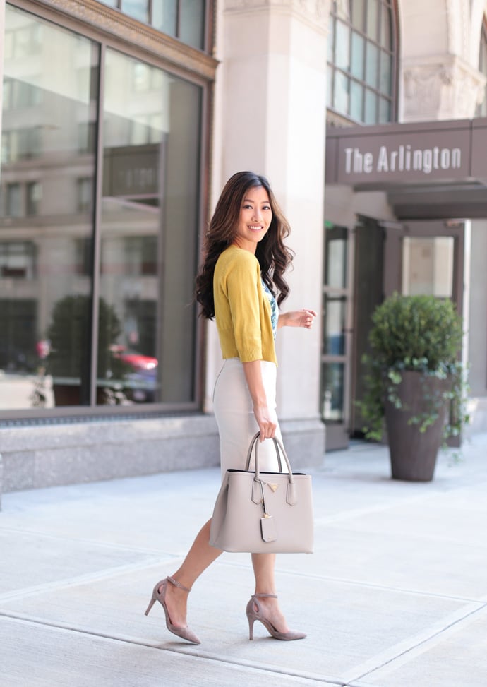 Layered Sophistication: Cardigan Over Patterned Top and Pencil Skirt Layered Sophistication: Cardigan Over Patterned Top and Pencil Skirt — Business Casual Outfits