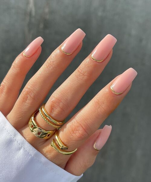 Gold Line Long Coffin Nails — Reverse French Nails