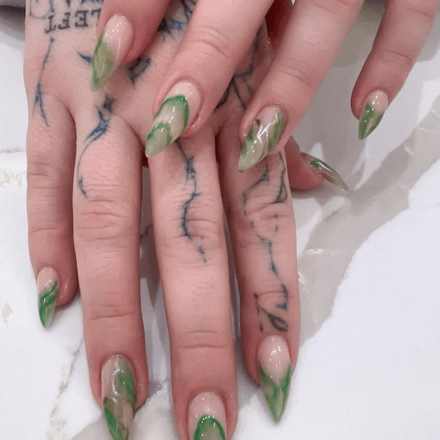 Green Marbling Effect On A Clear Base Visual Idea — Olive Green Nails