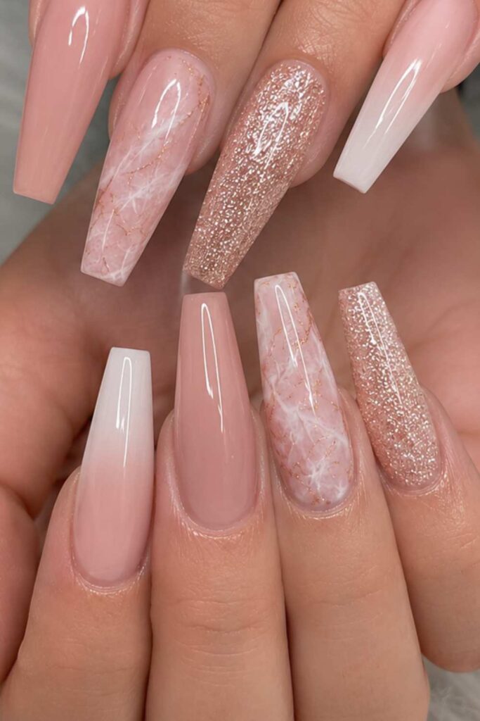 Soft Pink Marble Glitter Coffin Nails Soft Pink Marble Glitter Coffin Nails — Dip Powder Nails