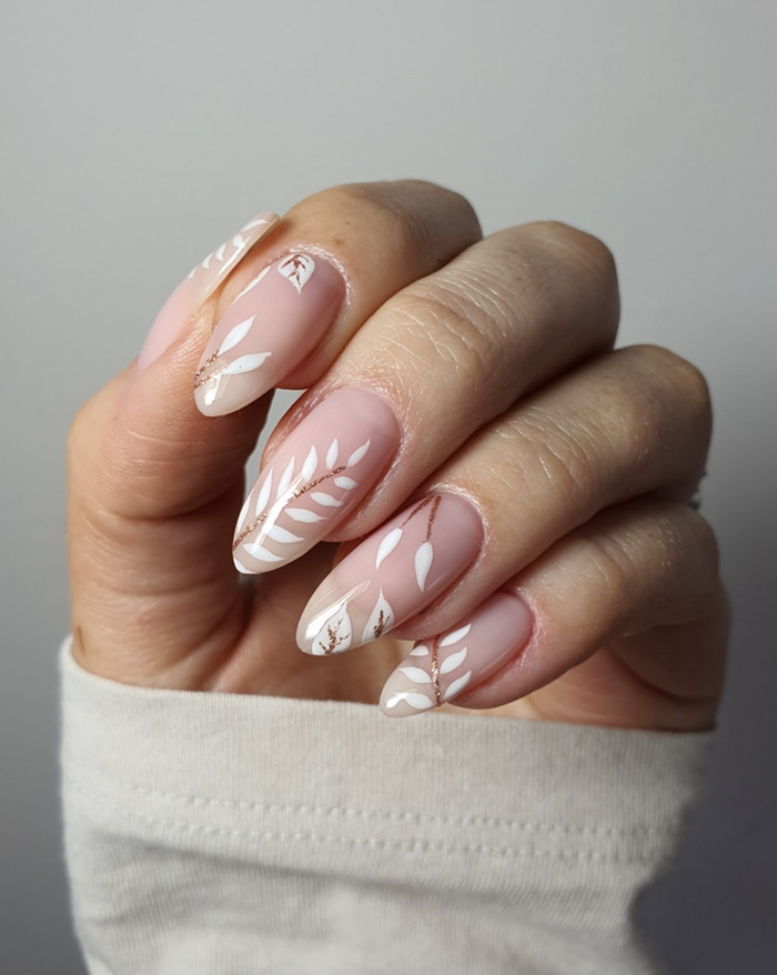 Nude Base With White Leaf & Rose Gold — Wedding Guest Nails