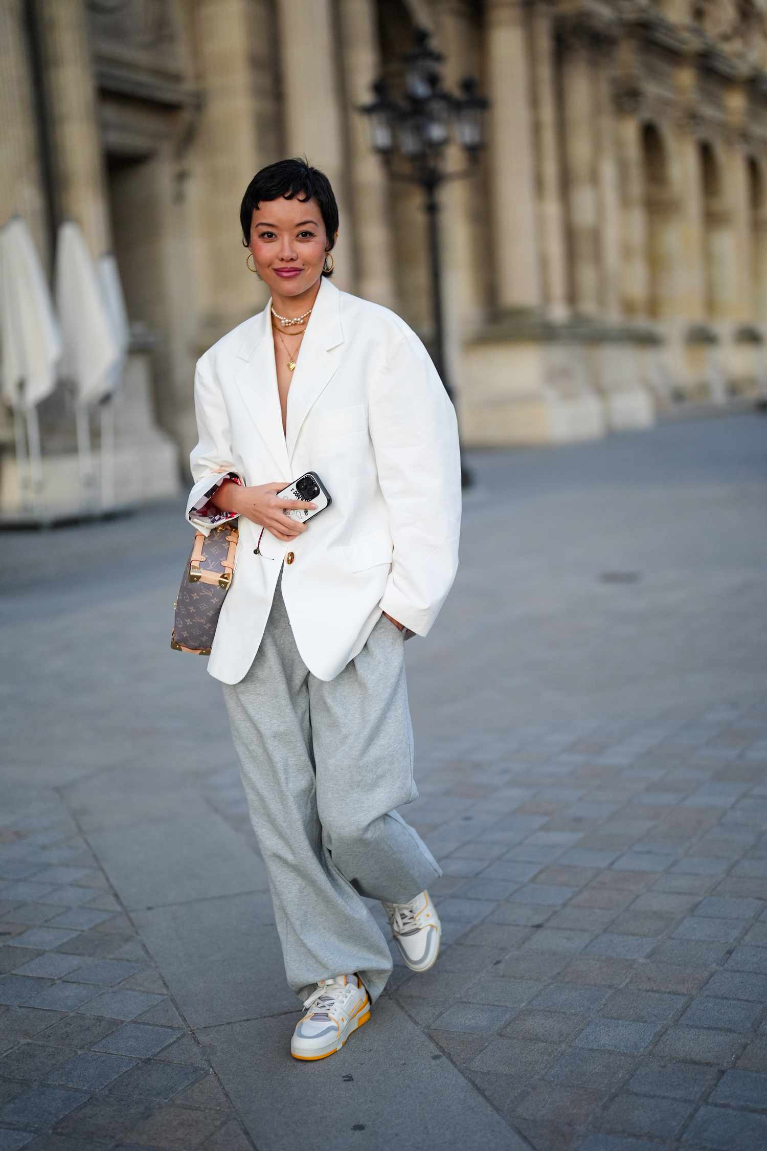 Oversized White Blazer over Grey Sweatpants — Clean Girl Outfits