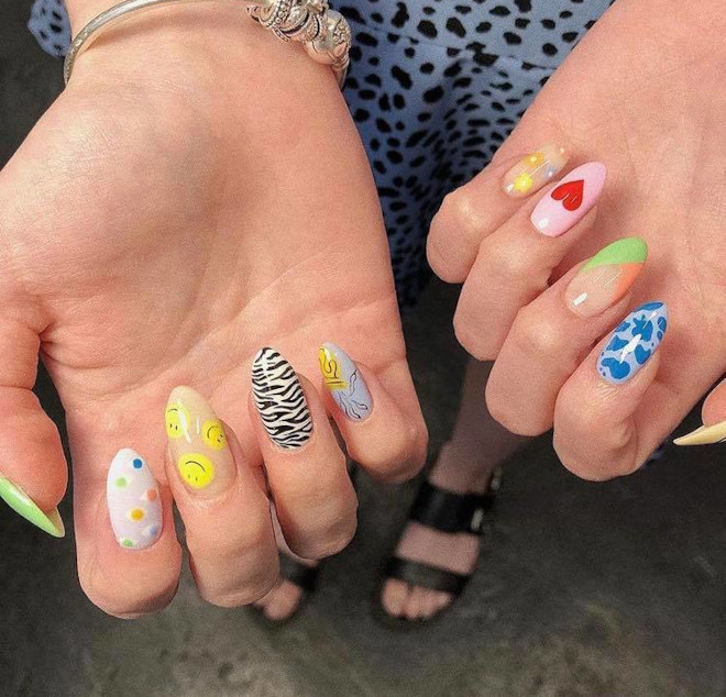 Eclectic Mix Smiley Faces and Zebra — Mismatched Nails