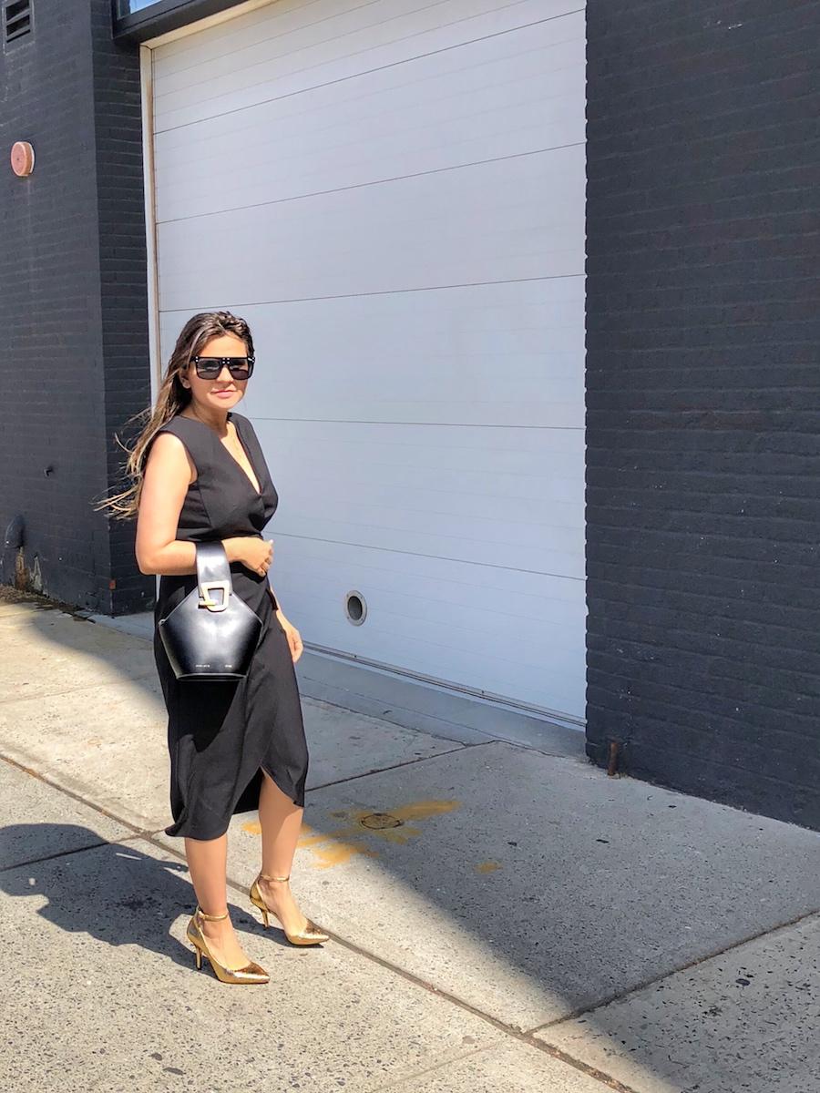 Sleeveless Black Midi Dress with Gold Heels Sleeveless Black Midi Dress with Gold Heels — Office Siren Outfits