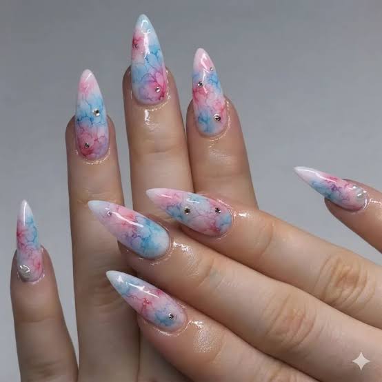 Pink Blue Watercolor Stiletto Nails With Rhinestones Pink Blue Watercolor Stiletto Nails With Rhinestones — Blooming Gel Nails