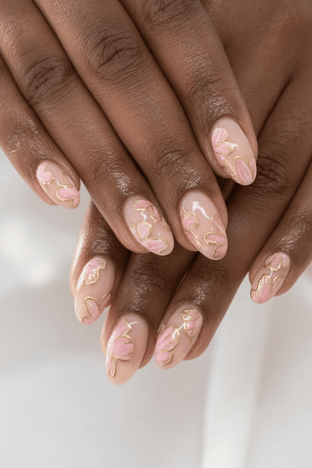 Nude Base with Pink Floral Gold Accents — Pink Nails