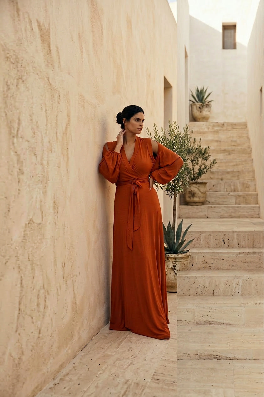 Burnt Orange Maxi Wrap Dress for Evening Sophistication — Ibiza Outfits