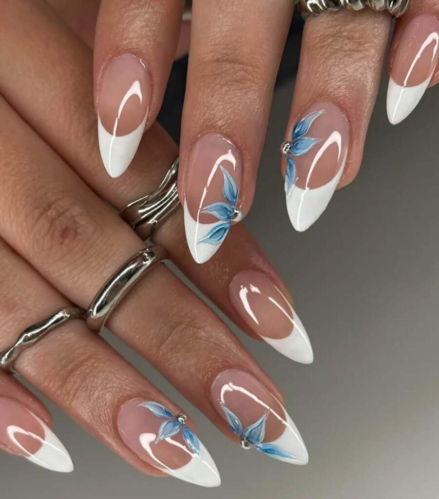 Long Stiletto French with Blue Floral Art — Bridesmaid Nails