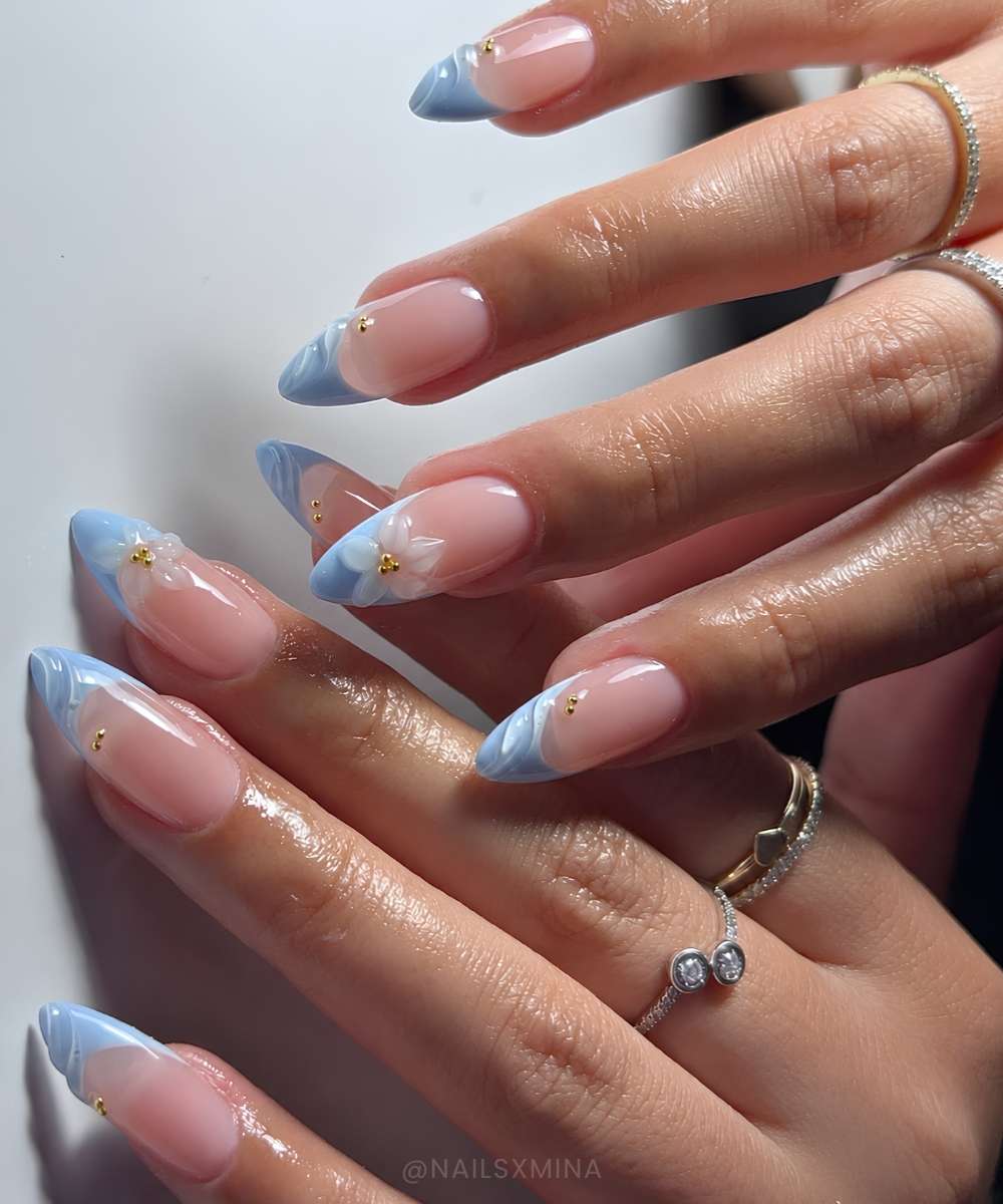 Navy French Stiletto with Silver Glitter Accent — Blue French Tip Nails