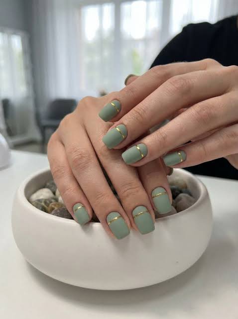 Matte Sage Green with Gold Cuticle Stripes Matte Sage Green with Gold Cuticle Stripes — Sage Green Nails