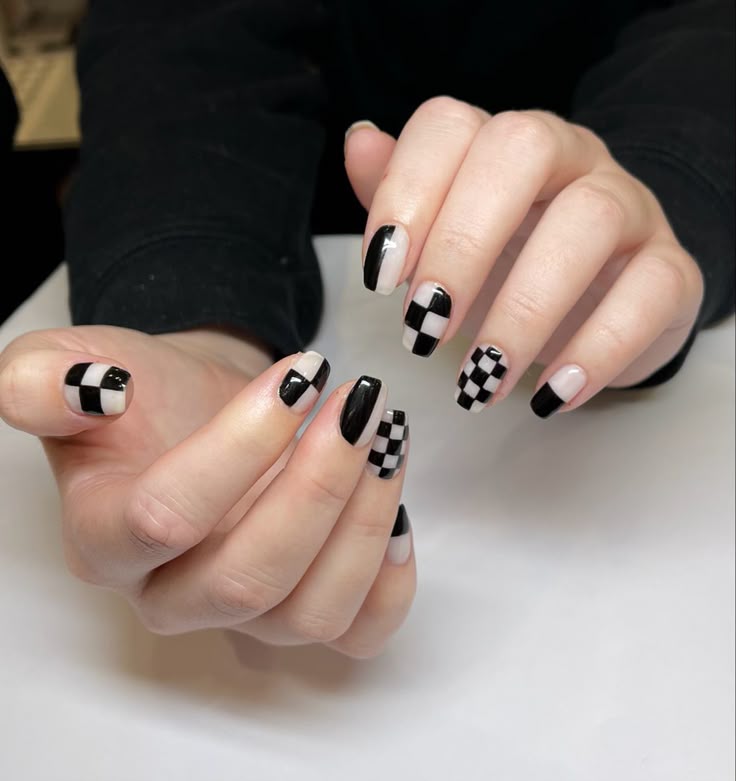 Sheer Pink with Black and White Checkerboard Accents Sheer Pink with Black and White Checkerboard Accents — Checkered Nails