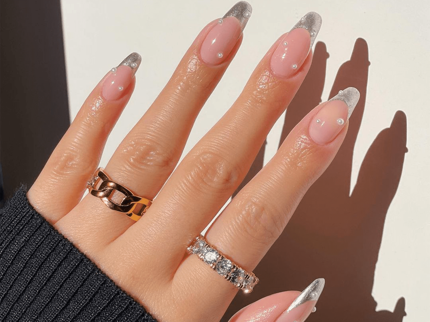 Pearl Accented Silver French Stilettos Pearl Accented Silver French Stilettos — Chrome French Tip Nails