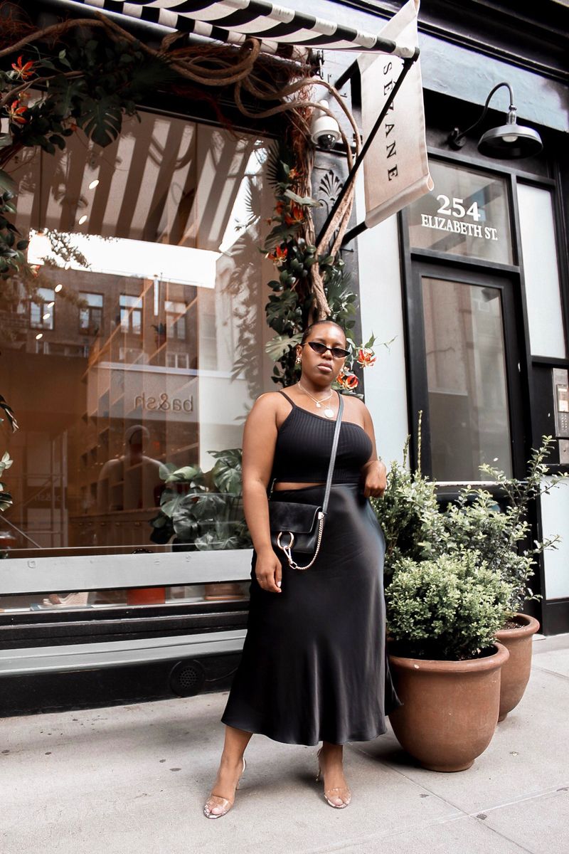 Chic Black Satin Midi Skirt for Evening Casual Chic Black Satin Midi Skirt for Evening Casual — Plus Size Outfits