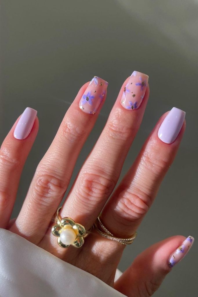 Lavender Accent Nails with Purple Florals and Gold — Pastel Nails