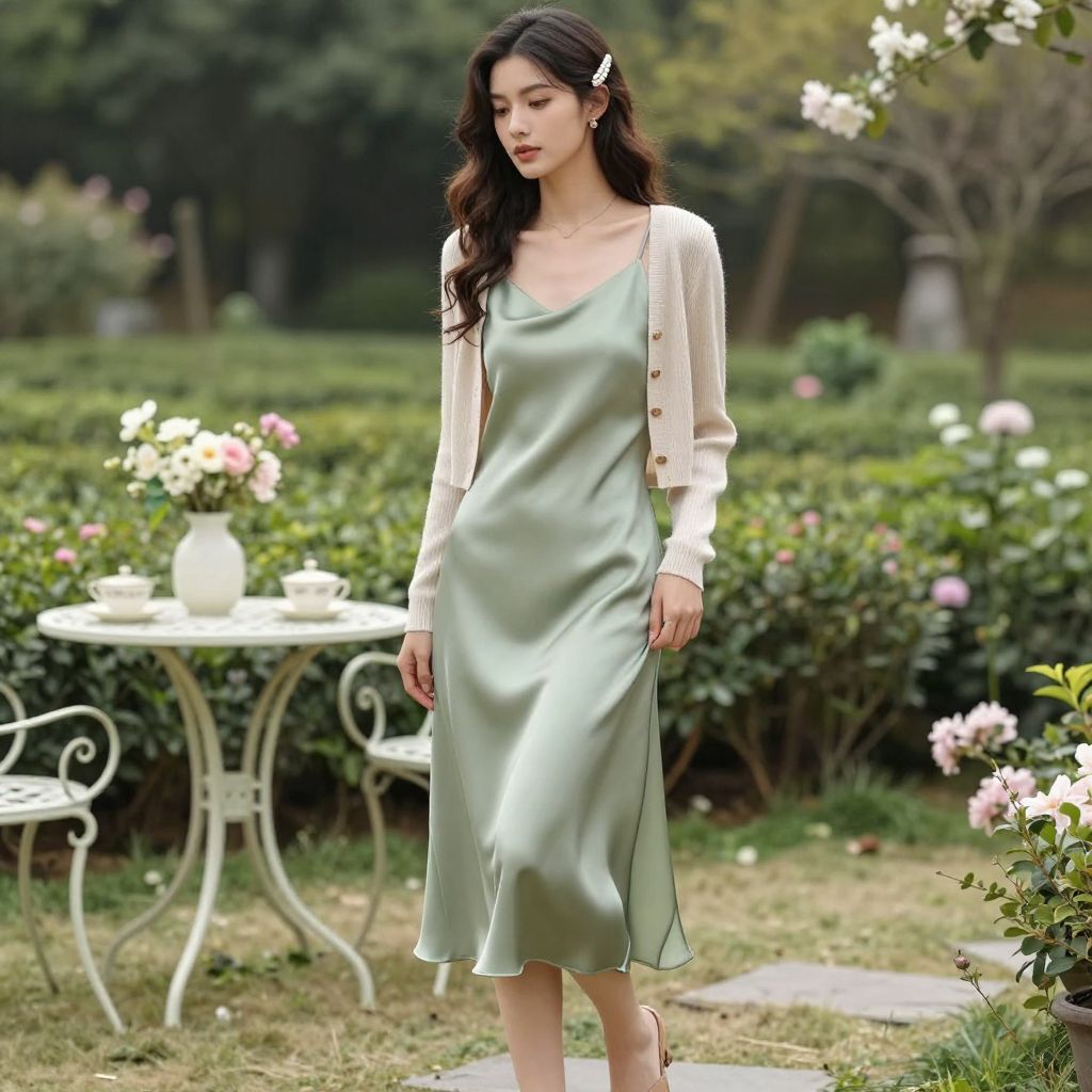 Sage Green Satin Slip Dress Paired with a Knit Cardigan — Tea Party Outfits