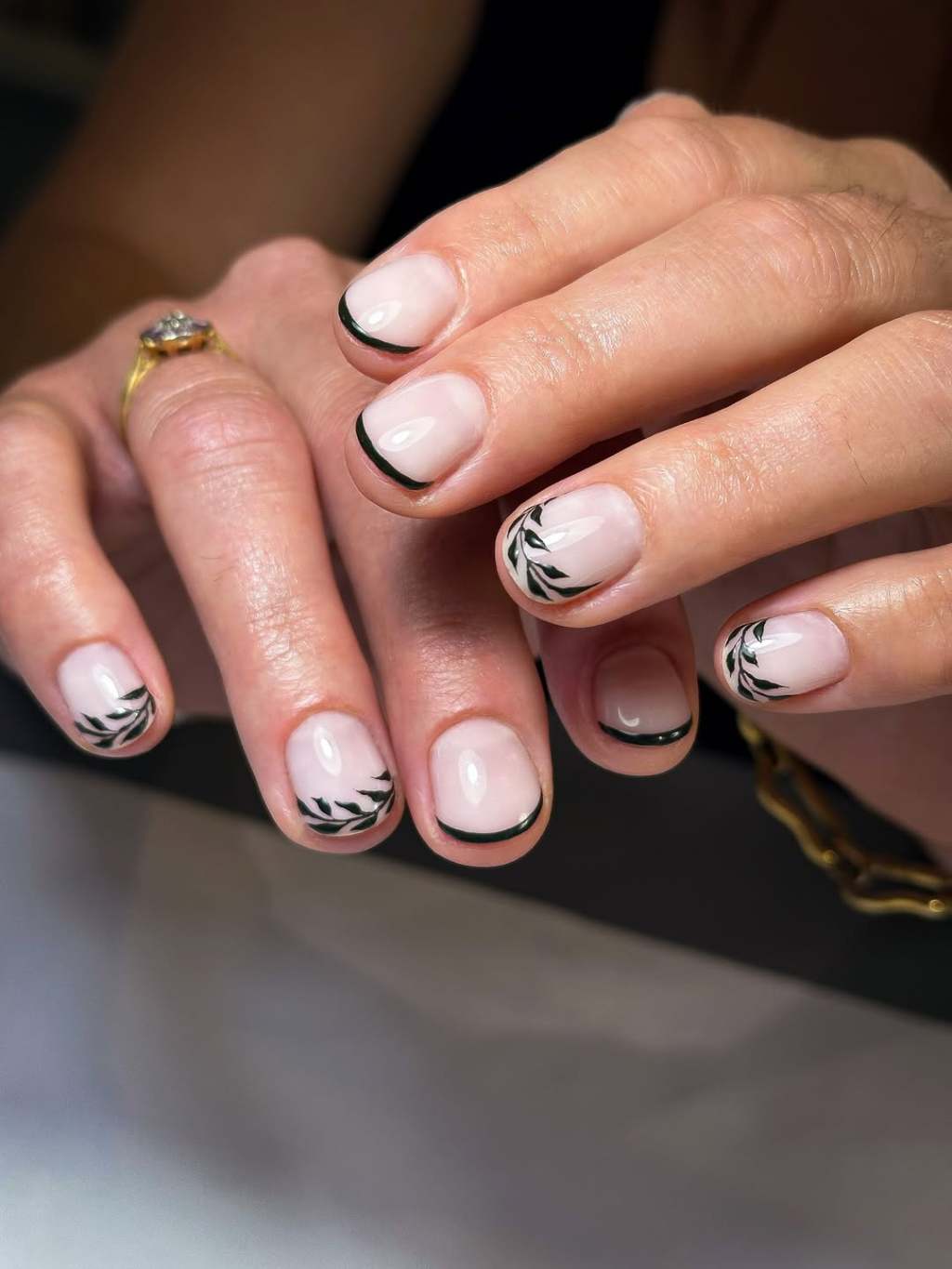 Black French Tips with Delicate Leaf Art Black French Tips with Delicate Leaf Art — Black French Tip Nails