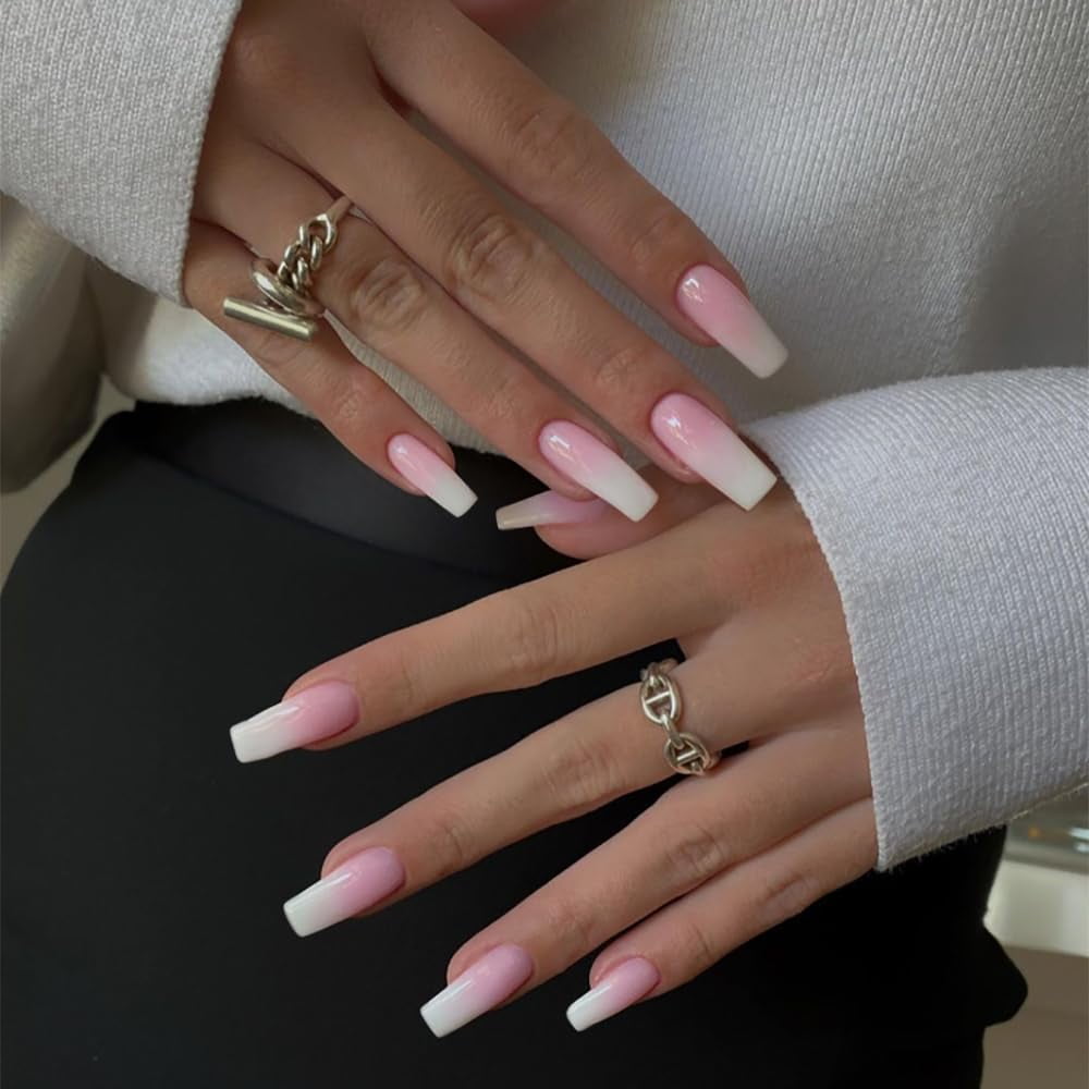 Soft Pink to White Ombre Coffin Nails — Pink and White Nails