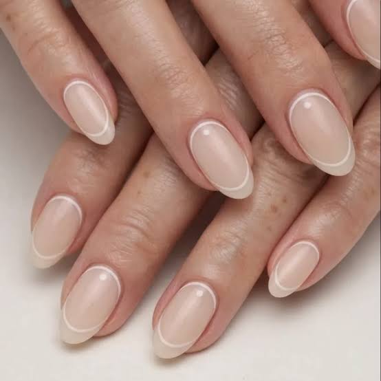 Modern White Outline French Oval — Nails for Women Over 40