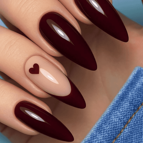 Long Stiletto Dark Red with Heart Detail — Dark Red Nails