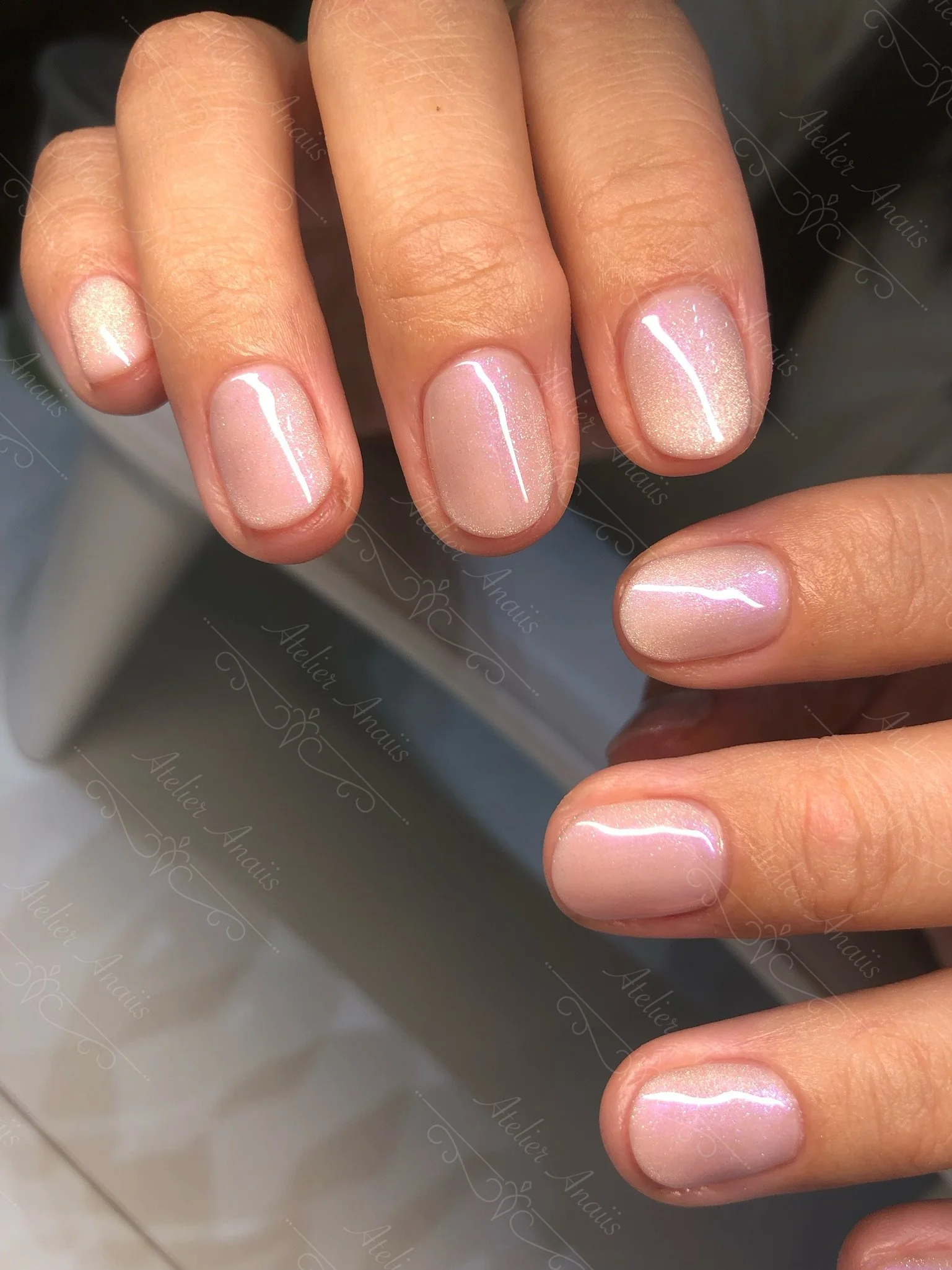 Sheer Nude With Iridescent Shimmer — Very Short Nails